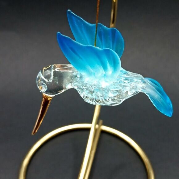 Hand Blown Spun Glass Hummingbird Ornament With Gold Beak And Blue Wings - Picture 1 of 9